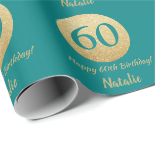 Happy 60th Birthday Teal and Gold Glitter Wrapping Paper