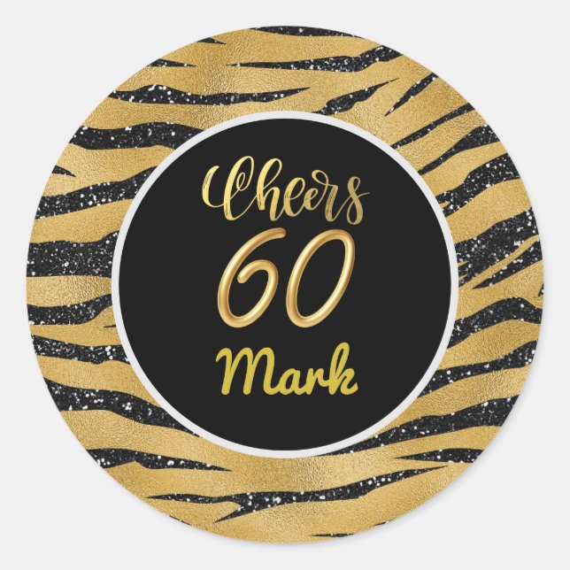 Happy 60th  Birthday white gold theme  Tiger theme Classic Round Sticker (Front)