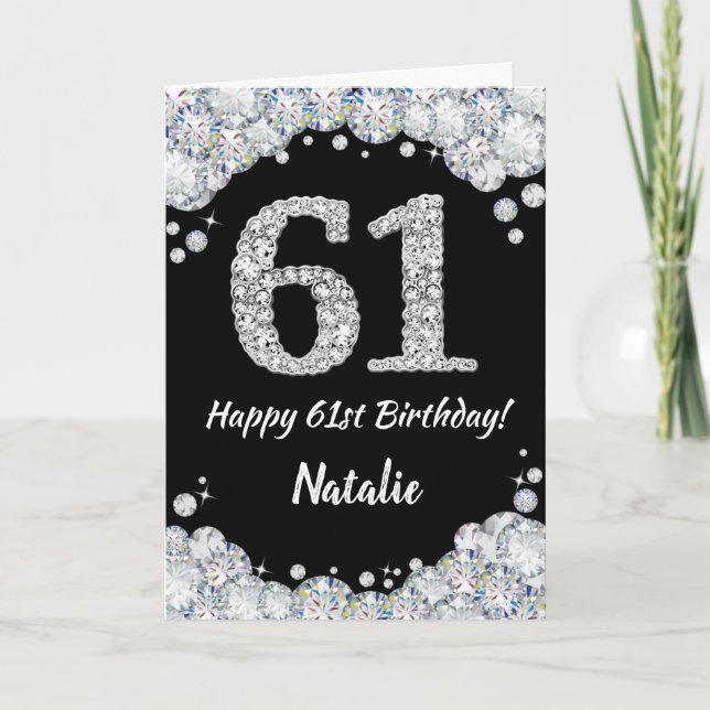 Happy 61st Birthday Black and Silver Glitter Card (Front)