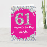 Happy 61st Birthday Hot Pink and Silver Glitter