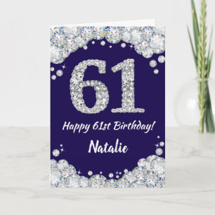 Happy 61st Birthday Navy Blue and Silver Glitter Card