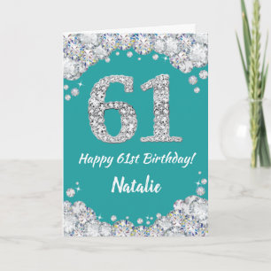 Happy 61st Birthday Teal and Silver Glitter Card