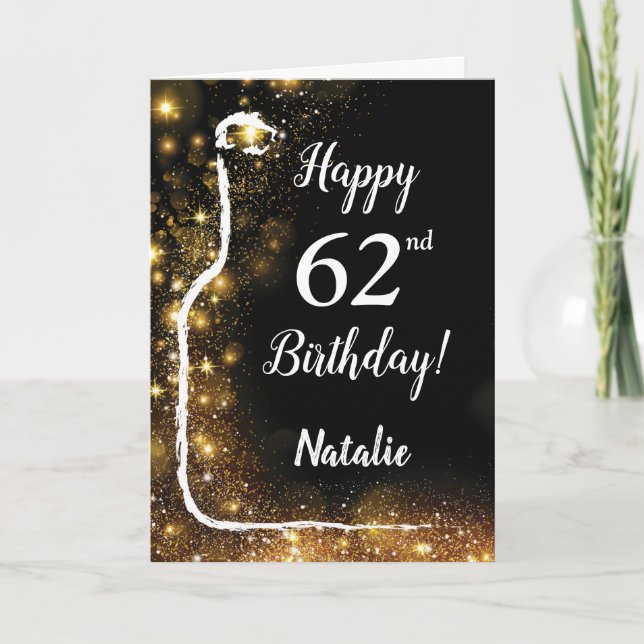 Happy 62nd Birthday Black and Gold Glitter Wine Card (Front)