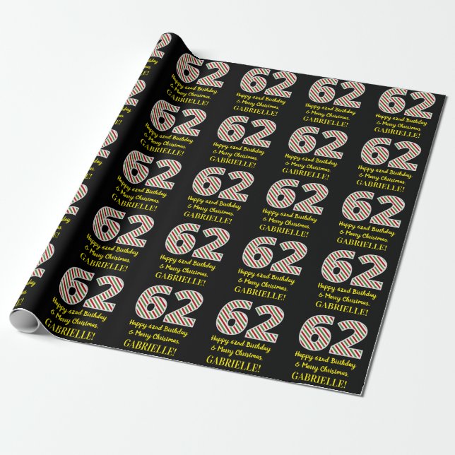 Happy 62nd Birthday & Merry Christmas, Custom Name Wrapping Paper (Unrolled)