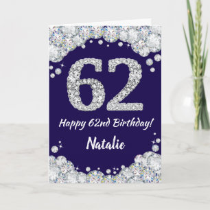 Happy 62nd Birthday Navy Blue and Silver Glitter Card