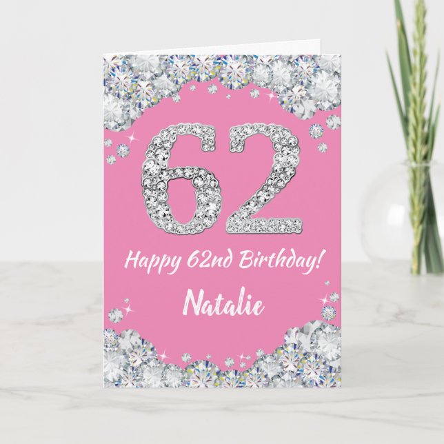Happy 62nd Birthday Pink and Silver Glitter Card (Front)