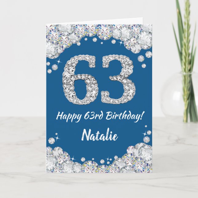 Happy 63rd Birthday Blue and Silver Glitter Card (Front)