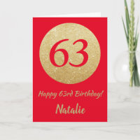 Happy 63rd Birthday Red and Gold Glitter Card