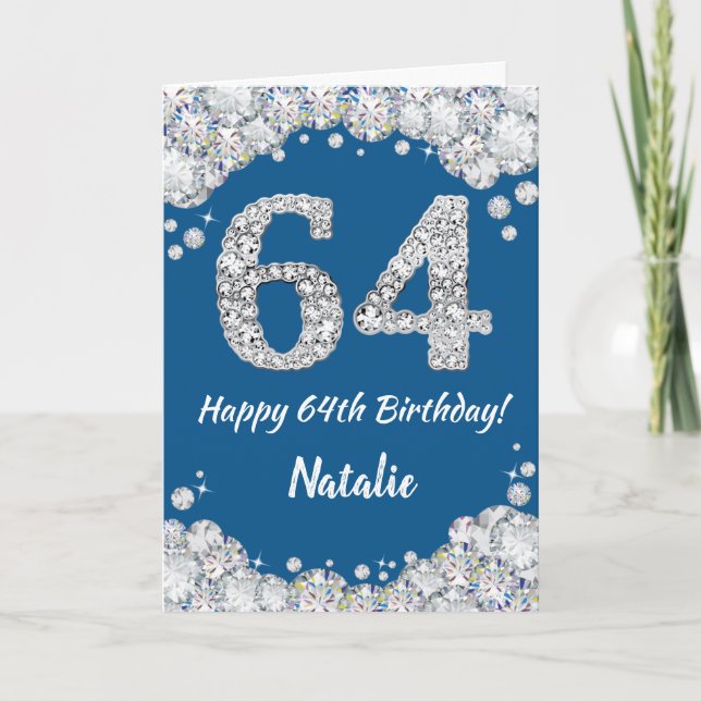 Happy 64th Birthday Blue and Silver Glitter Card (Front)