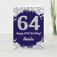 Happy 64th Birthday Navy Blue and Silver Glitter