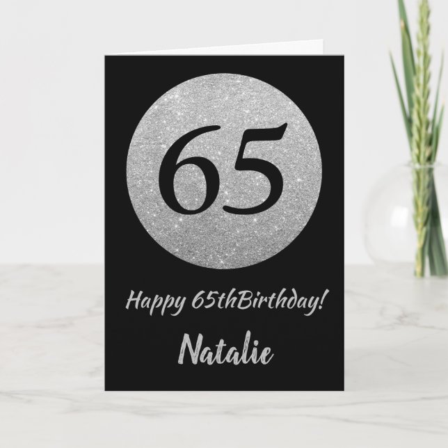 Happy 65th Birthday Black and Silver Glitter Card (Front)