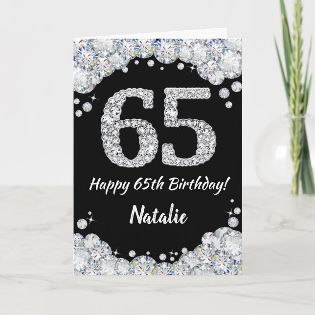 Happy 65th Birthday Black and Silver Glitter Card (Front)