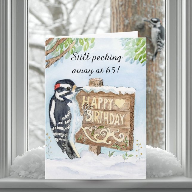 Happy 65th Birthday Downy Woodpecker Card (Creator Uploaded)