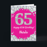 Happy 65th Birthday Hot Pink and Silver Glitter Card<br><div class="desc">Happy 65th Birthday Hot Pink and Silver Glitter Card with personalised name. For further customisation,  please click the "Customise it" button and use our design tool to modify this template.</div>