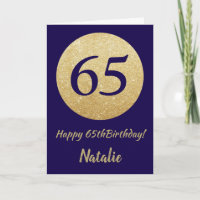 Happy 65th Birthday Navy Blue and Gold Glitter