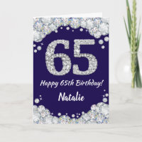 Happy 65th Birthday Navy Blue and Silver Glitter