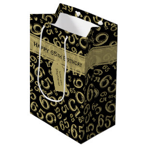 Happy 65th Birthday Number Pattern Black and Gold Medium Gift Bag