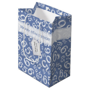 Happy 65th Birthday Number Pattern Blue and White Medium Gift Bag