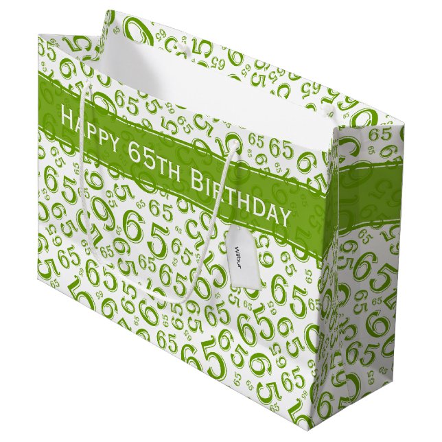 Happy 65th Birthday Party Pattern Green and White Large Gift Bag (Front Angled)