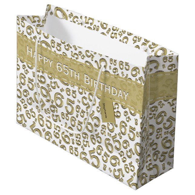 Happy 65th Birthday Random Number Pattern Gold Large Gift Bag (Front Angled)