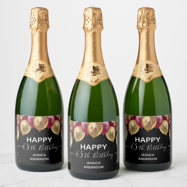 Happy 65th Birthday Red and Gold Sparkling Wine La Sparkling Wine Label (Bottles)