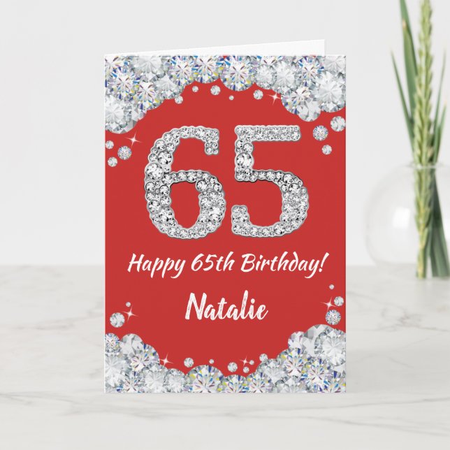 Happy 65th Birthday Red and Silver Glitter Card (Front)