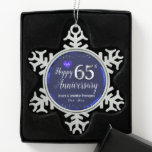 Happy 65th Wedding Anniversary Snowflake Pewter Christmas Ornament<br><div class="desc">Lovely blue Happy 65th Anniversary ornament. Faux foil on 65th and as a border frame. Blue oil background created by Valarie Wade. Tiny blue heart gem in the upper corner. Names and dates are adjustable.</div>