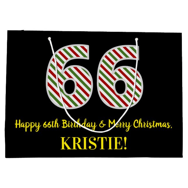 Happy 66th Birthday & Merry Christmas, Custom Name Large Gift Bag (Back)