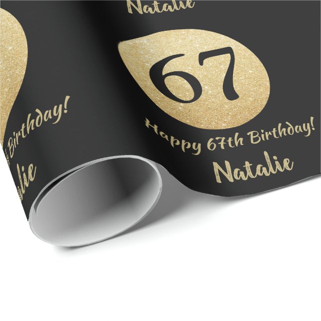 Happy 67th Birthday Black and Gold Glitter Wrapping Paper (Roll Corner)