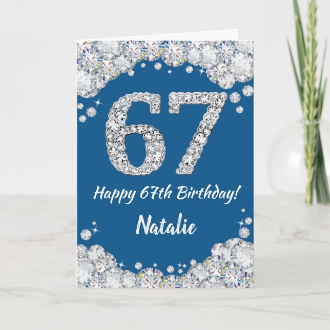 Happy 67th Birthday Blue and Silver Glitter Card (Front)