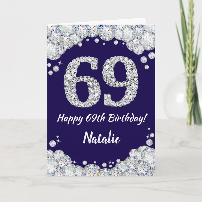Happy 69th Birthday Navy Blue and Silver Glitter Card (Front)