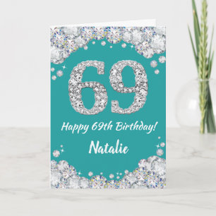 Happy 69th Birthday Teal and Silver Glitter Card