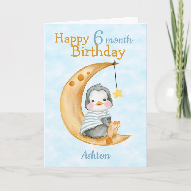 Happy 6 Month Birthday Penguin and Moon Blue Card (Front)