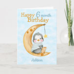 Happy 6 Month Birthday Penguin and Moon Blue Card<br><div class="desc">A cute 6 month baby penguin birthday card. The card features a baby boy penguin sitting on a crescent moon . A sweet design for a little boy who will be half a year old. Can be customised by amending the titles and age then personalise it by adding the baby's...</div>