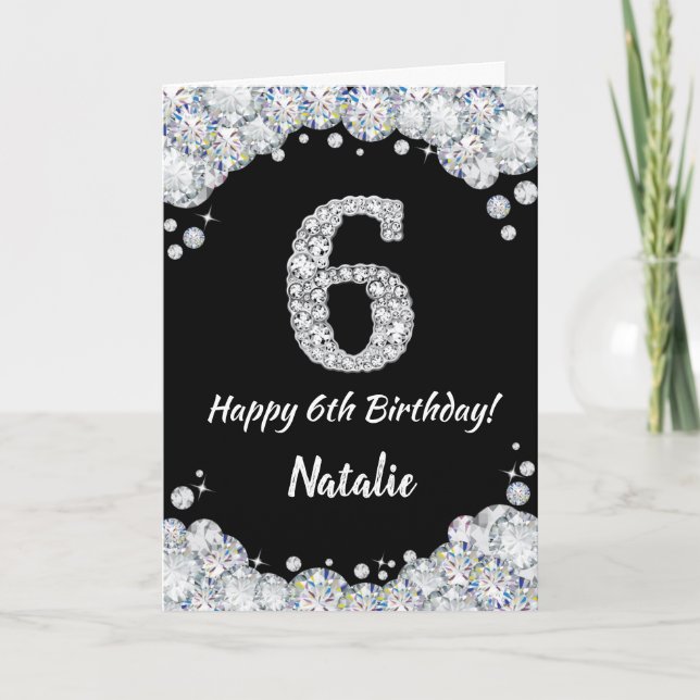 Happy 6th Birthday Black and Silver Glitter Card (Front)