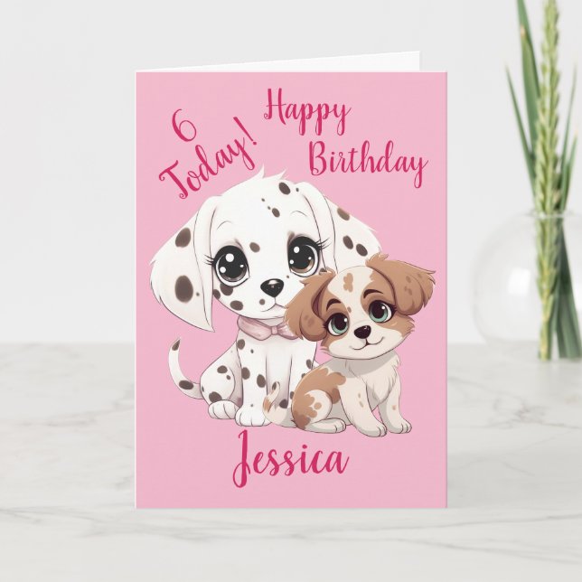 Happy 6th Birthday Cute Puppy Dog Pink Card (Front)
