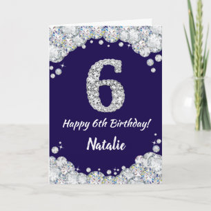Happy 6th Birthday Navy Blue and Silver Glitter Card