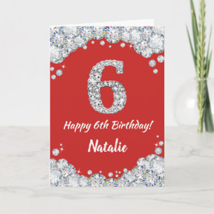 Happy 6th Birthday Red and Silver Glitter Card