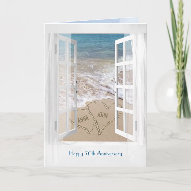 Happy 70th Anniversary open beach window Card (Front)