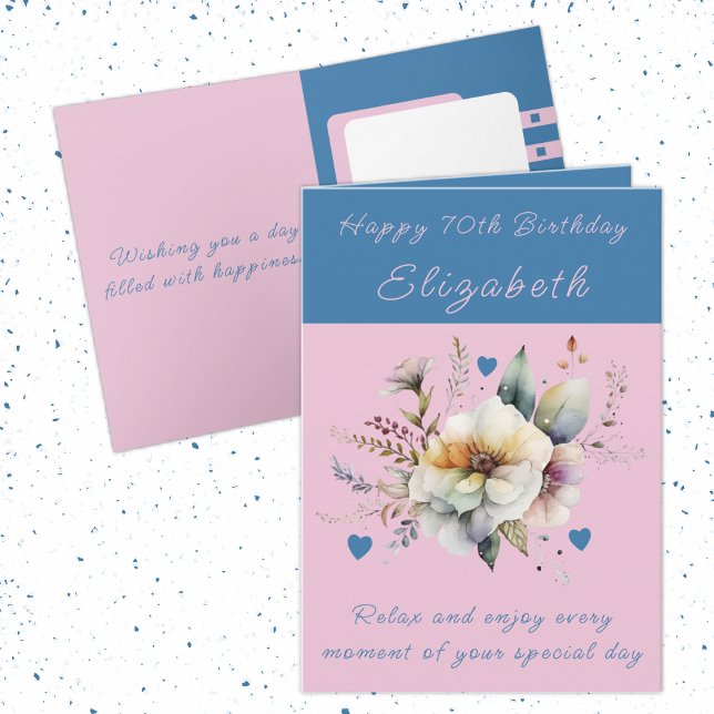 Happy 70th Birthday add name floral blue Card (Creator Uploaded)