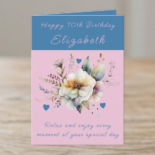 Happy 70th Birthday add name floral blue Card