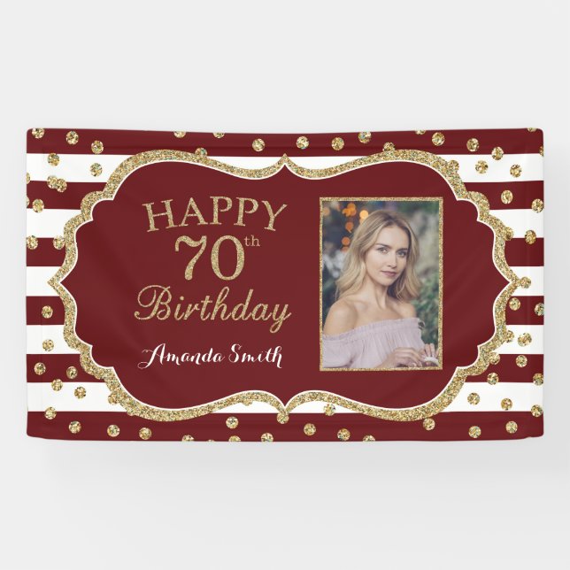 Happy 70th Birthday Banner Burgundy and Gold Photo (Horizontal)