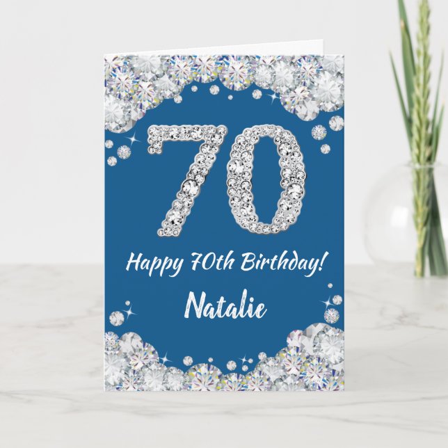 Happy 70th Birthday Blue and Silver Glitter Card (Front)