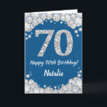 Happy 70th Birthday Blue and Silver Glitter Card<br><div class="desc">Happy 70th Birthday Blue and Silver Glitter Card with personalised name. For further customisation,  please click the "Customise it" button and use our design tool to modify this template.</div>