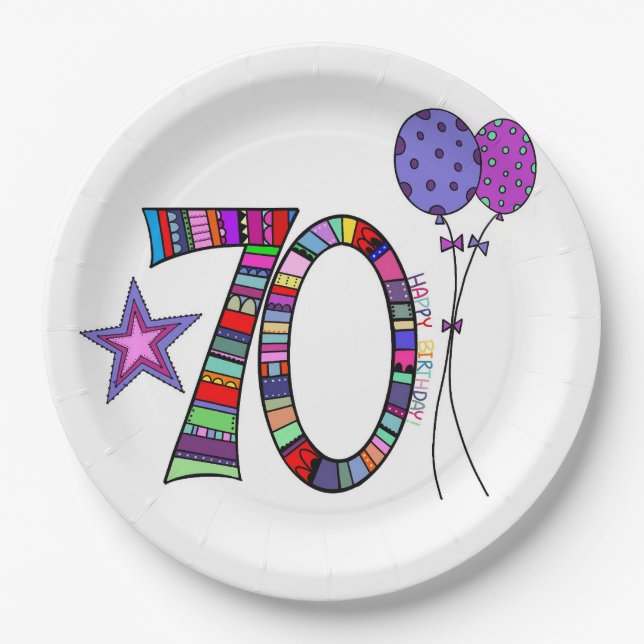 Happy 70th Birthday. Colorful 70th Bday Paper Plate (Front)