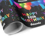 Happy 70th Birthday Colorful Balloons Black Wrapping Paper<br><div class="desc">Happy 70th Birthday Colorful Balloons Black Black Background Wrapping Paper with personalized name. For further customization,  please click the "Customize it" button and use our design tool to modify this template.</div>