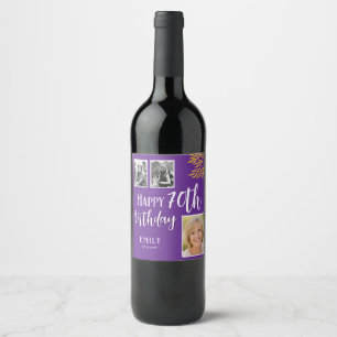Happy 70th Birthday Gold Foliage 3 Photo Wine Label