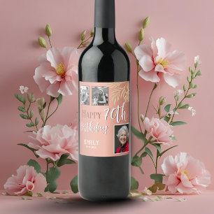 Happy 70th Birthday Gold Foliage 3 Photo  Wine Label