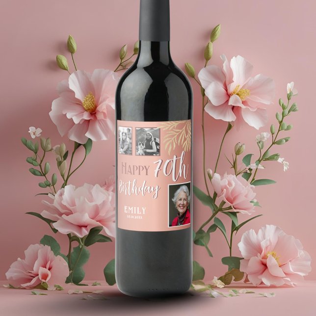 Happy 70th Birthday Gold Foliage 3 Photo  Wine Label (Creator Uploaded)