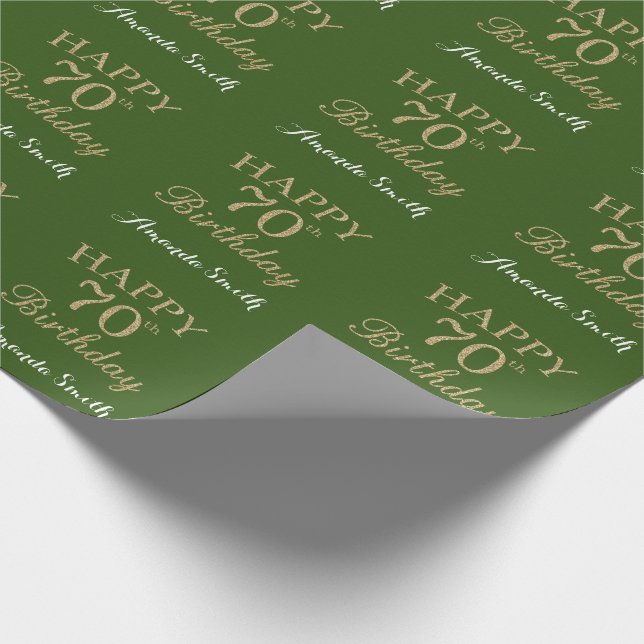 Happy 70th Birthday Gold Glitter and Green Wrapping Paper (Corner)